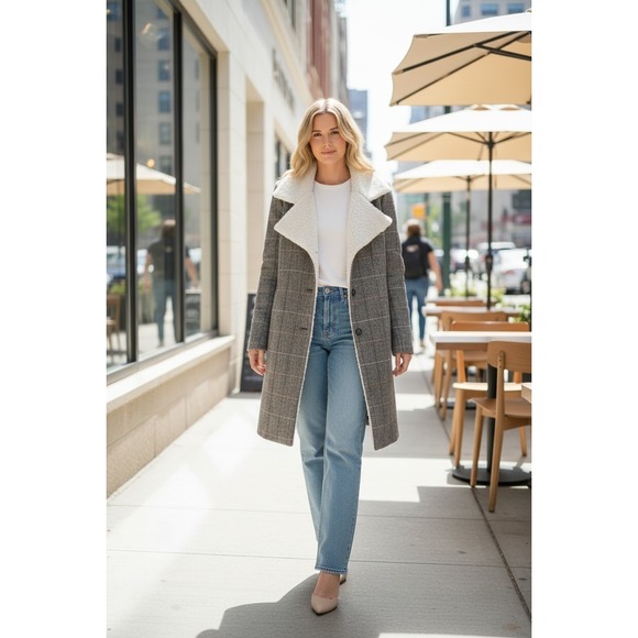 Altar'd State Jackets & Blazers - Altar'd State M NWT Black Herringbone Opal Plaid Peacoat Faux Shearling Academia